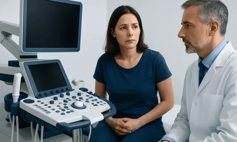 Doctor and patient discussing ultrasound results in a medical clinic.