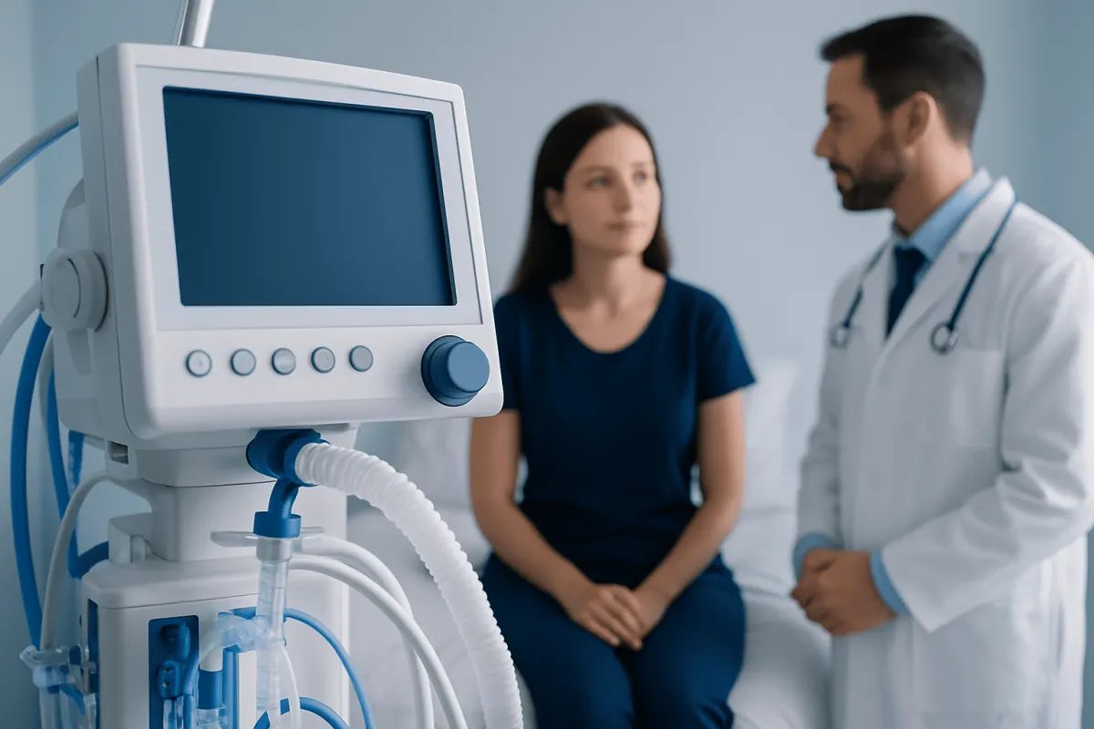 Doctor consulting patient in a medical examination room with monitoring equipment.