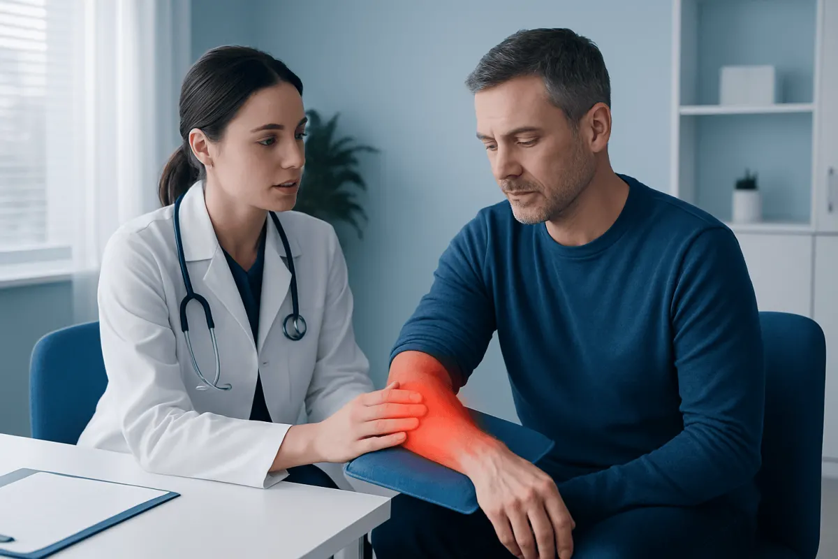 Doctor examining patient's elbow with red highlight indicating pain or injury.