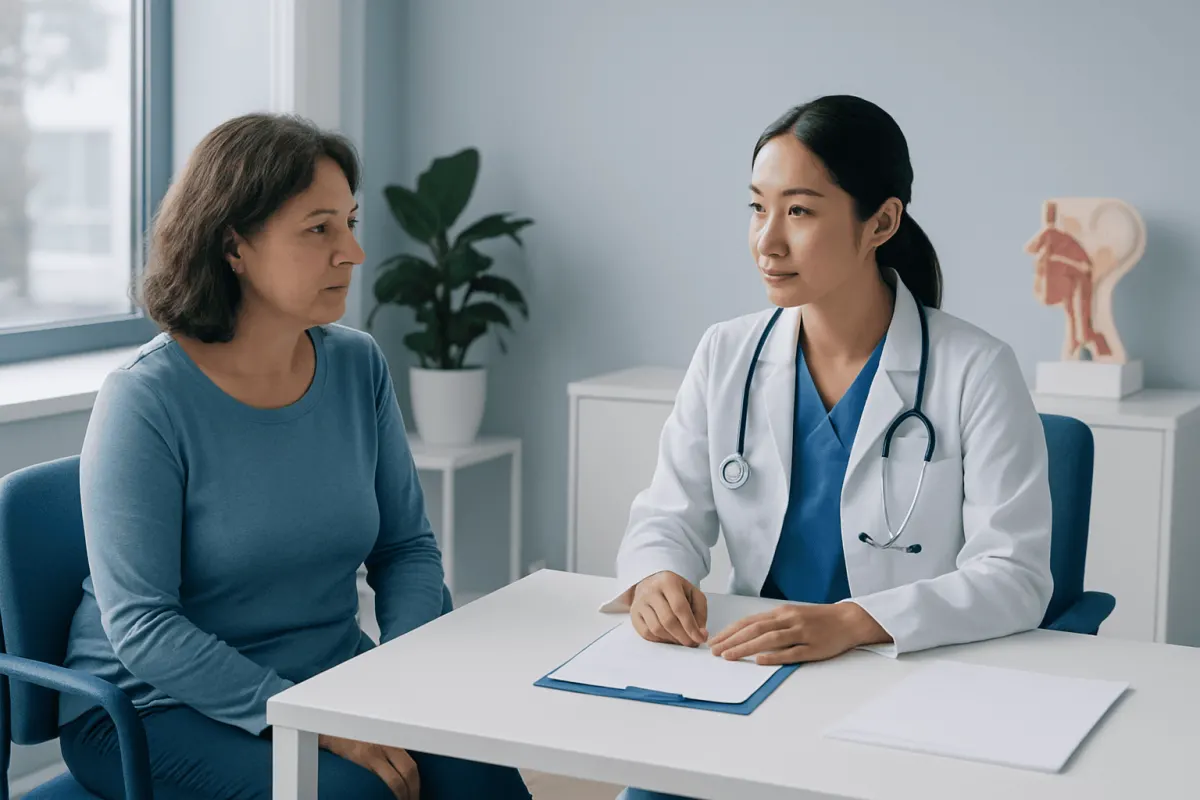 Doctor consulting with a patient in a modern hospital room.