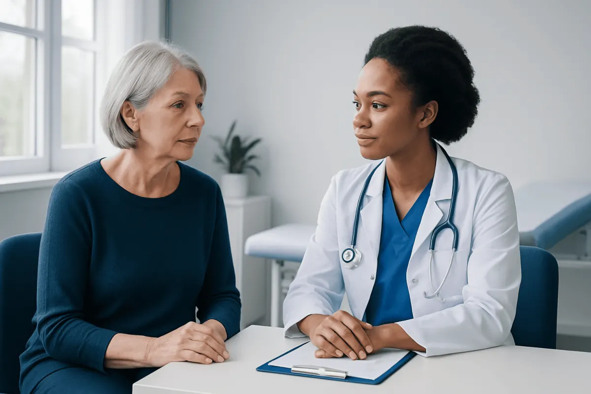 Doctor consulting with an elderly female patient in a medical office.
