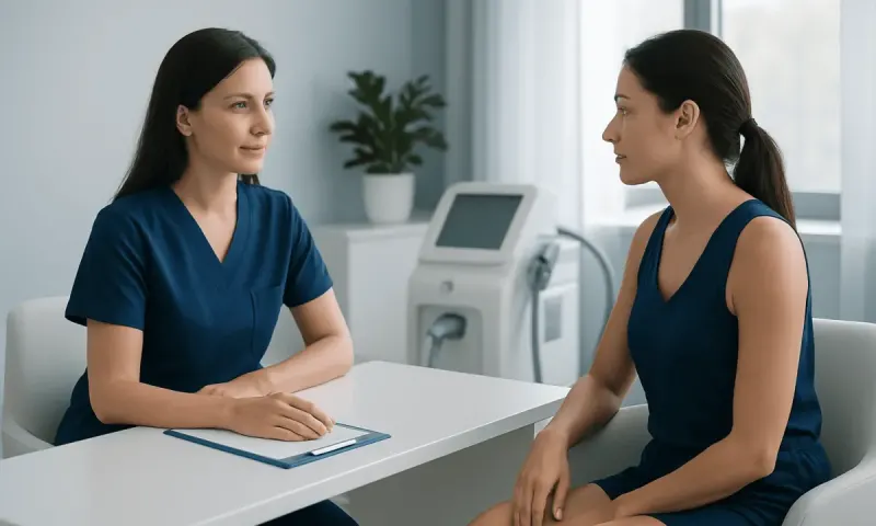 Medical consultation with a healthcare professional and patient in a clinic setting.