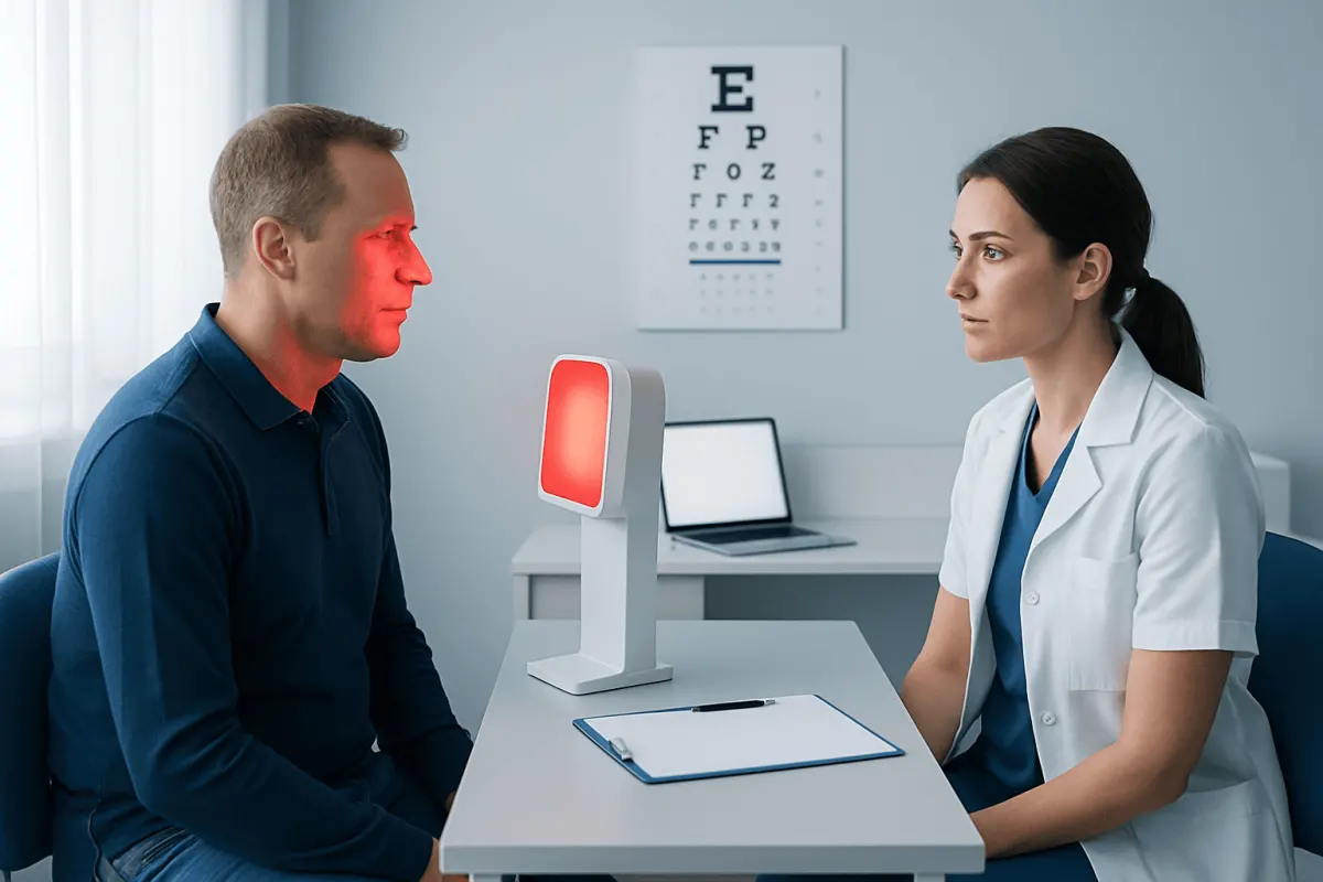 Patient undergoing red light vision therapy at a clinic.