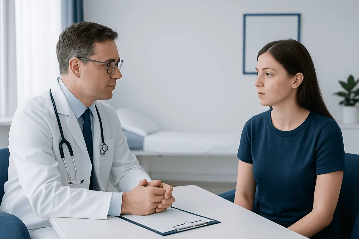 Doctor consulting with a young woman in a medical office setting.