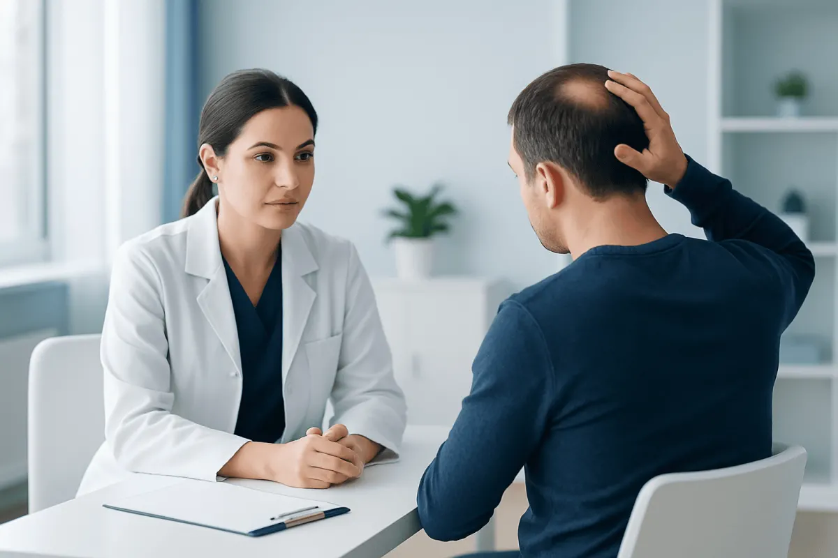 Doctor consulting with male patient about hair loss treatment options.