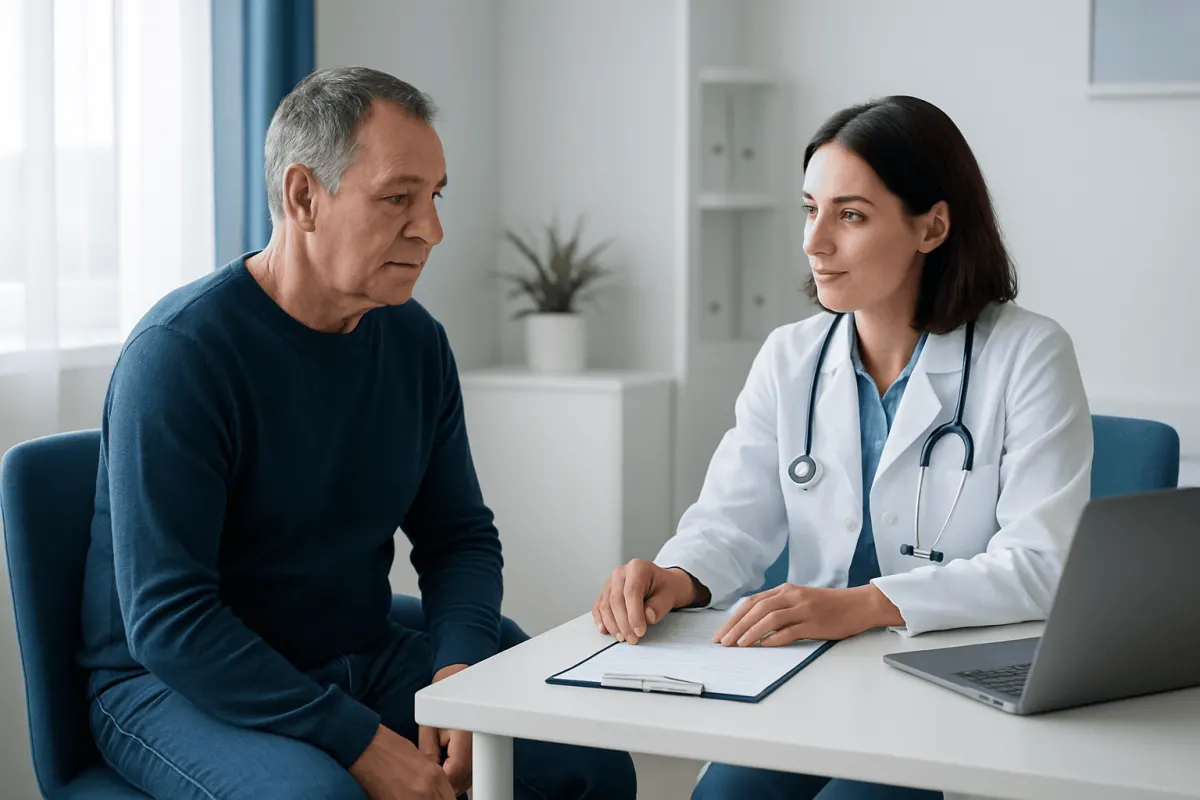 Doctor consulting with an older male patient in a medical office.