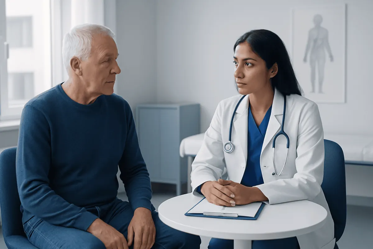 Doctor consulting with an elderly male patient in a medical office.