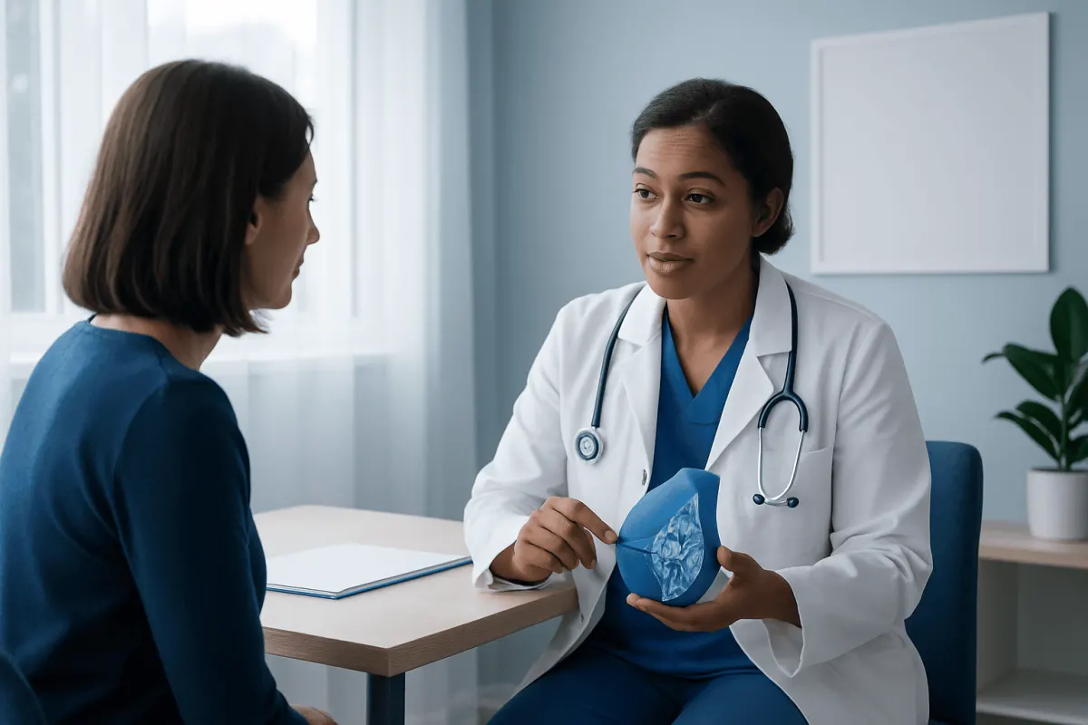 Doctor explaining breast health to patient in a consultation room.