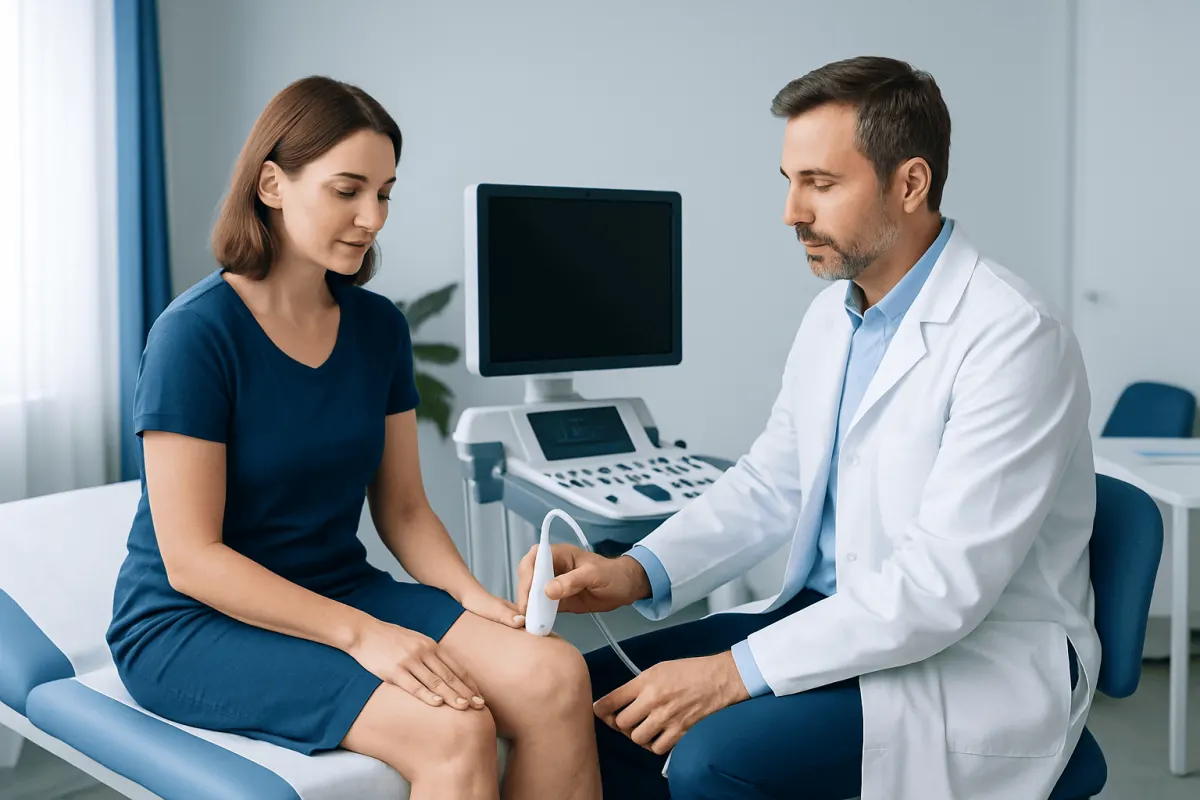 Doctor performing a varicose vein ultrasound examination on a patient.