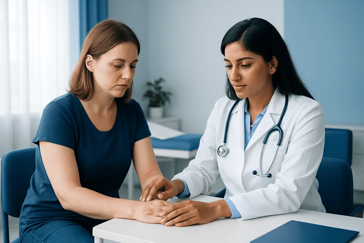 Doctor examining patient's hand in a medical consultation room.
