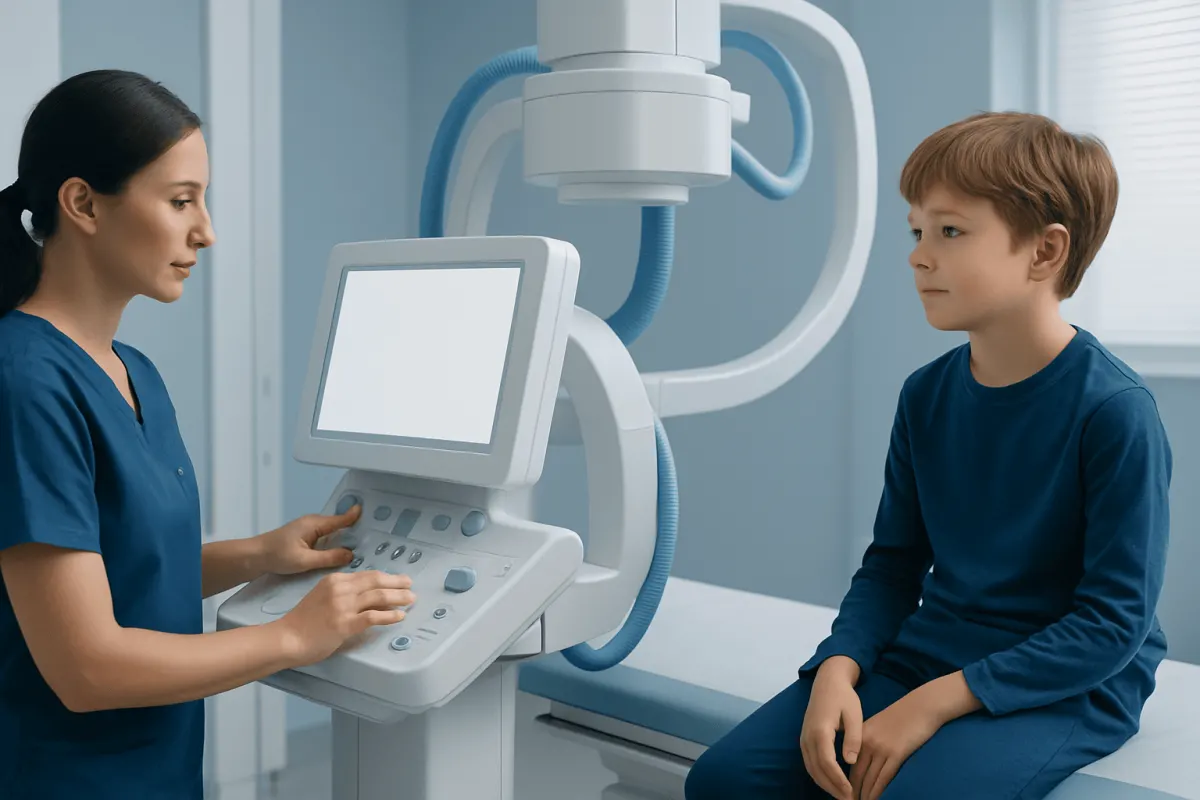 Child undergoing medical imaging at Acibadem Hospital with healthcare professional.