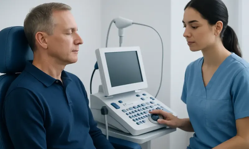 Hearing test being conducted at Acibadem Hospital with medical professional and patient.