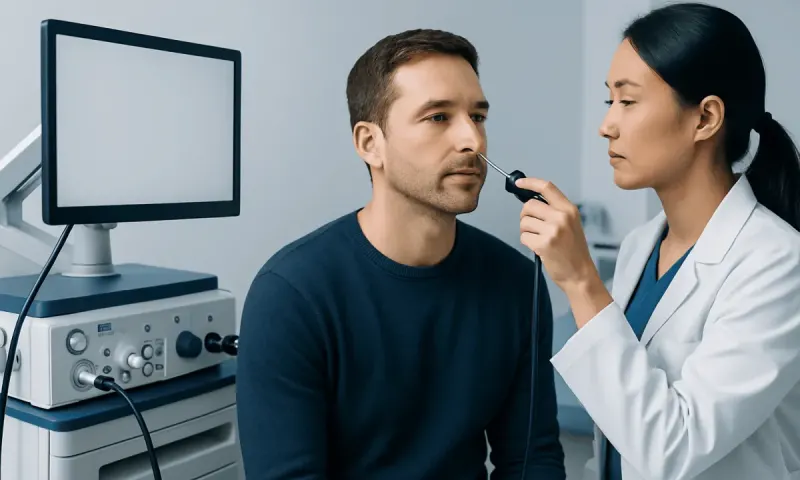 ENT specialist examines patient's nasal cavity with endoscope in clinic.
