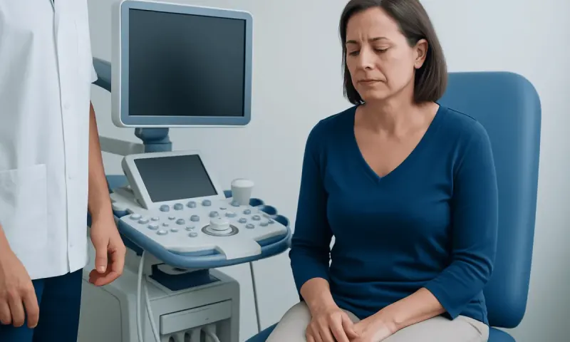Woman experiencing discomfort during medical examination for stress incontinence.