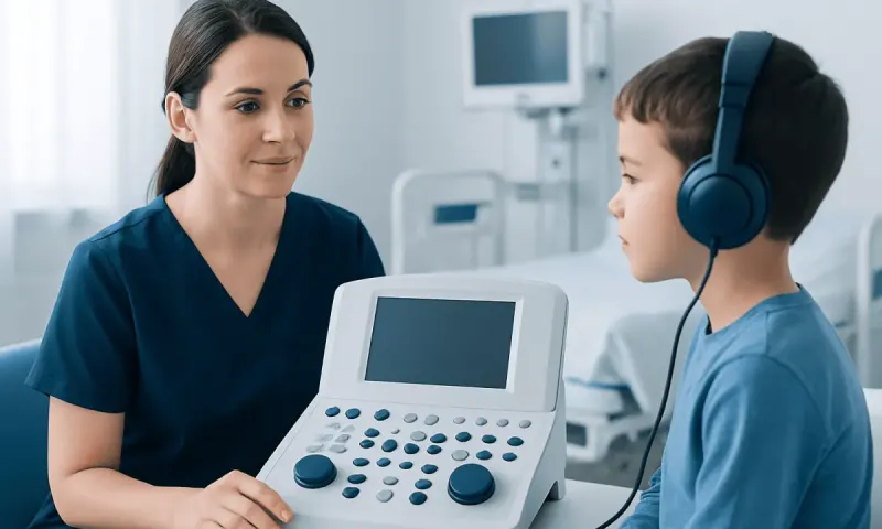 Pediatric speech therapy session with medical equipment at Acibadem Hospital.