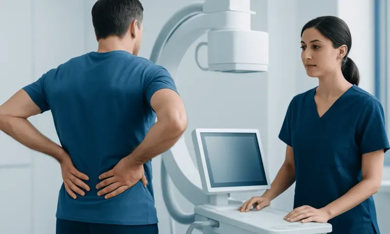 Patient consulting with a healthcare professional in a medical imaging room.