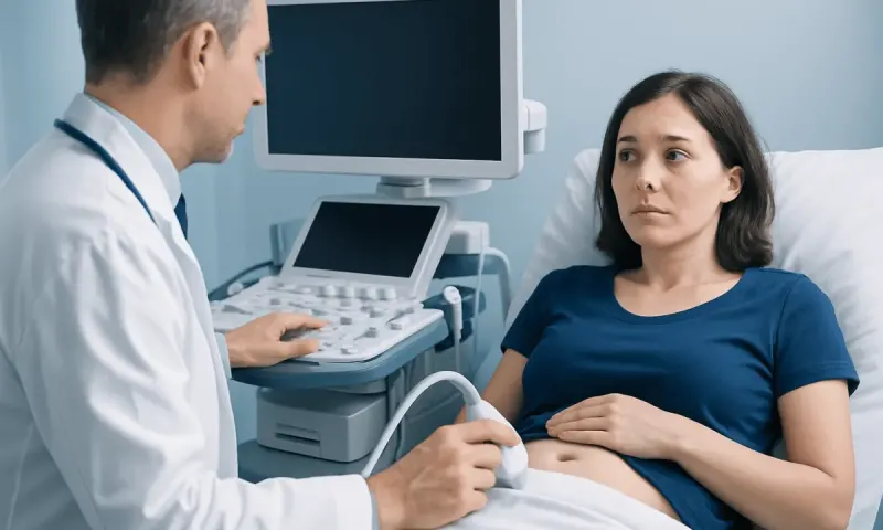 Doctor performing ultrasound examination on a female patient in hospital.