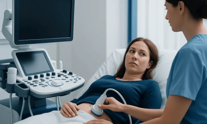 Medical examination of a woman with ultrasound device in hospital.