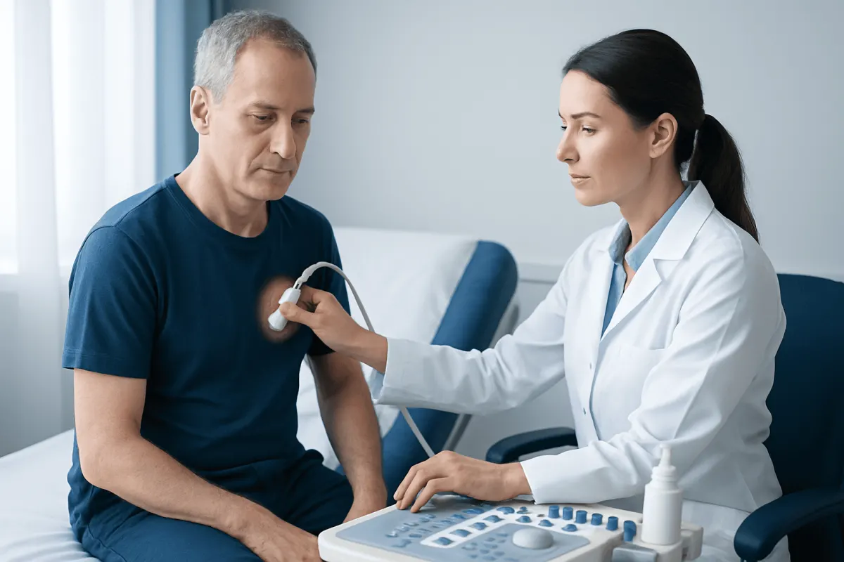 Doctor performs skin examination on male patient in clinic setting.