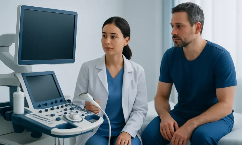 Doctor performing ultrasound examination on patient in clinic.