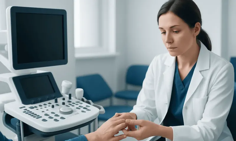 Doctor examining patient's hand in a medical clinic setting.