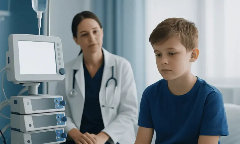 Doctor and young boy in hospital room with medical equipment.