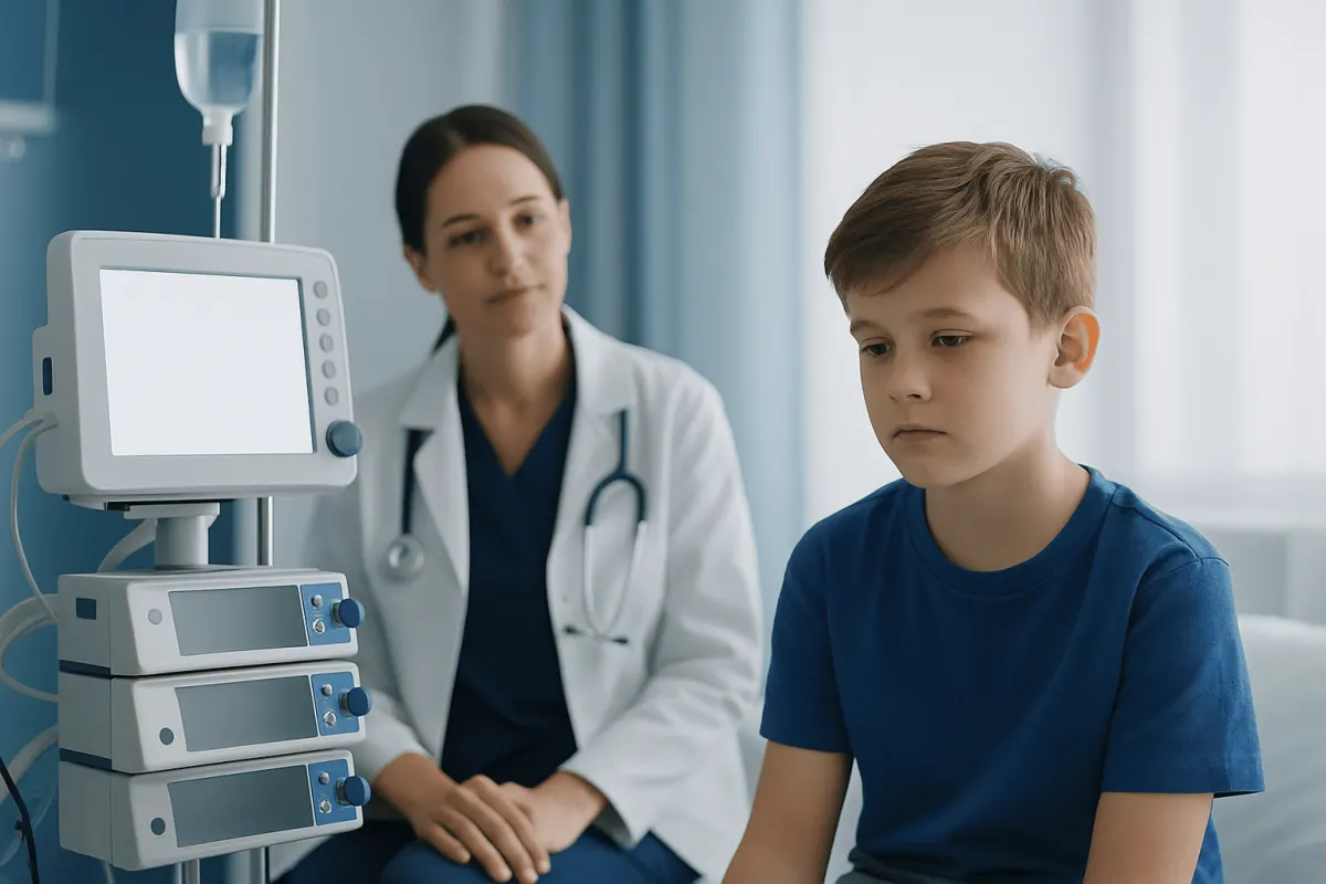 Doctor and young boy in hospital room with medical equipment.