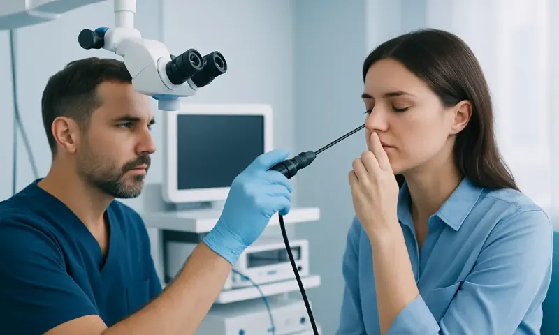 ENT specialist examines patient's nasal cavity with endoscope at Acibadem Hospital.