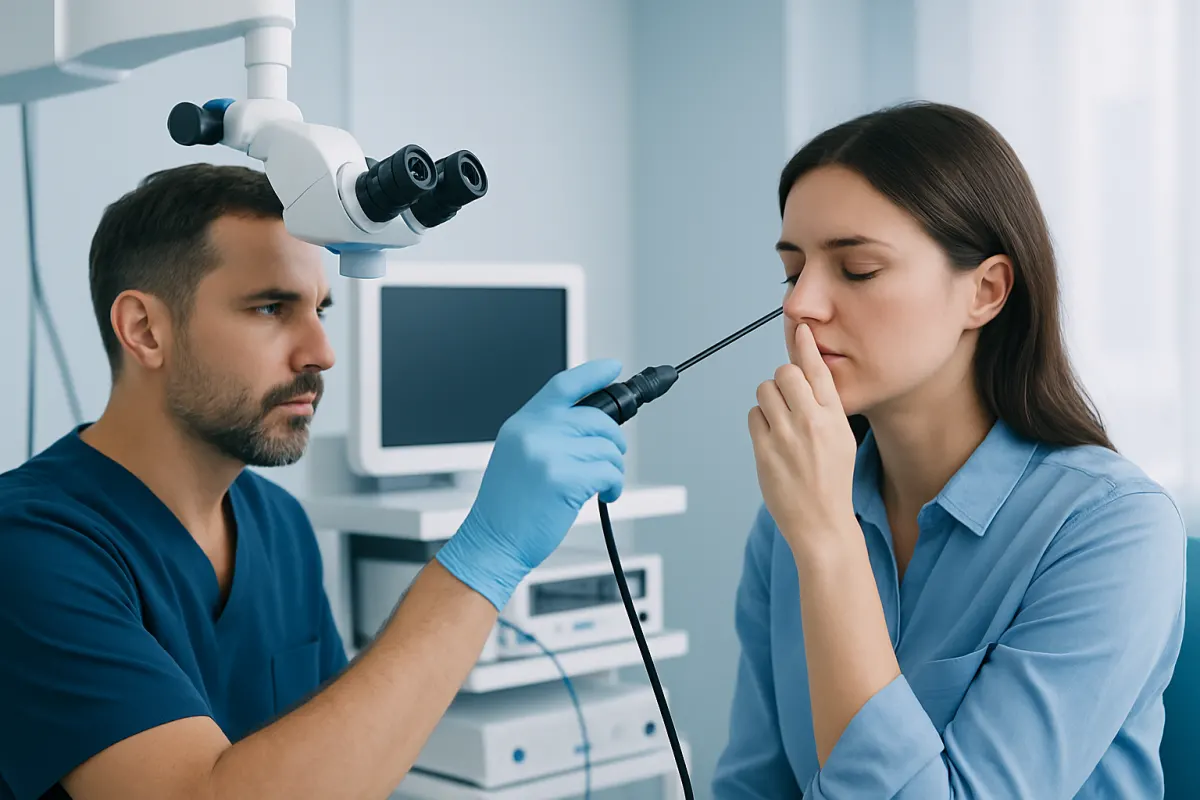 ENT specialist examines patient's nasal cavity with endoscope at Acibadem Hospital.