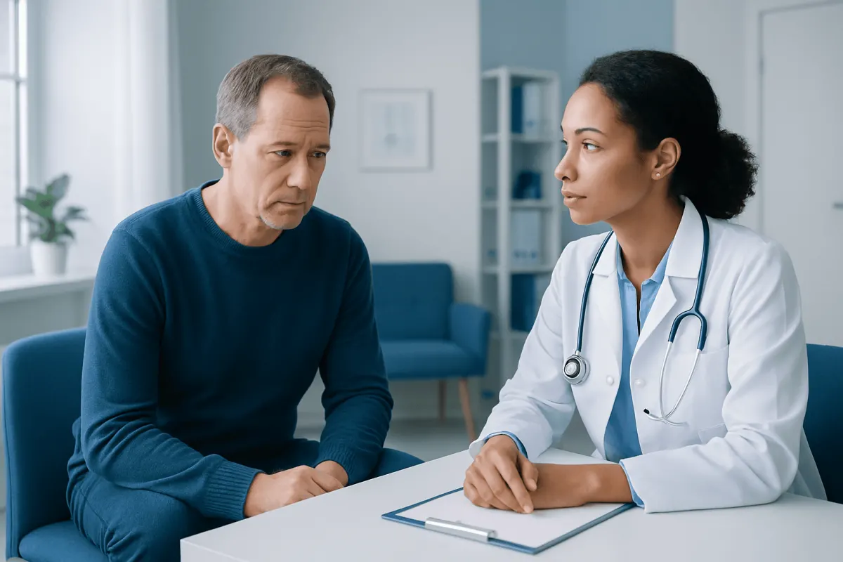 Doctor consulting with middle-aged male patient in clinic setting.