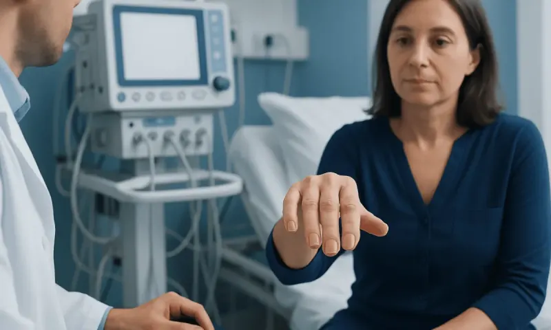 Doctor examining patient's fingernail in hospital setting.