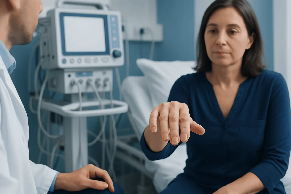 Doctor examining patient's fingernail in hospital setting.