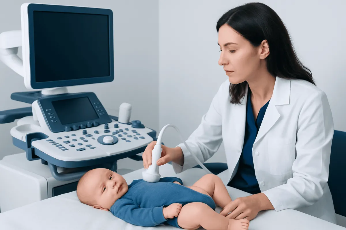Pediatric ultrasound examination for hip health in a hospital setting.