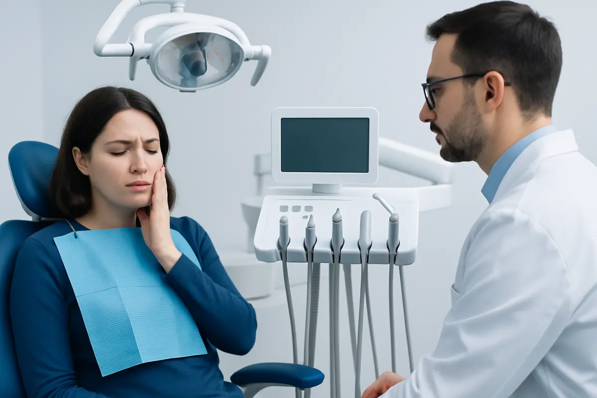 Patient experiencing tooth pain during dental examination at Acibadem Hospital.