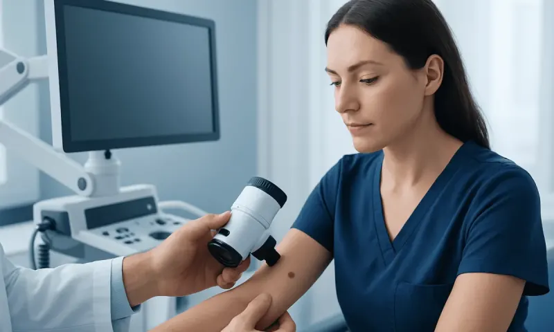 Dermatologist examining a patient's skin with a microscope in a clinical setting.