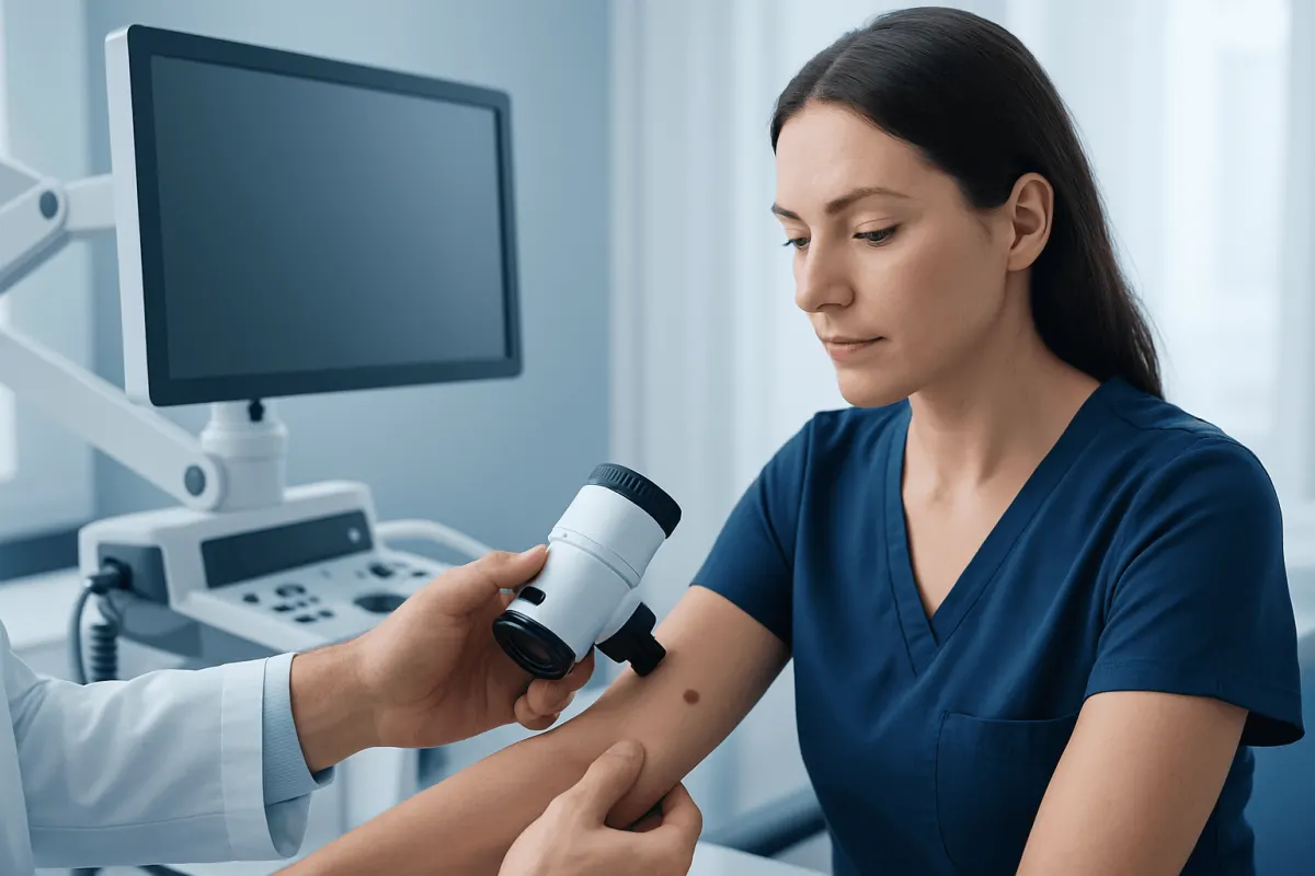 Dermatologist examining a patient's skin with a microscope in a clinical setting.
