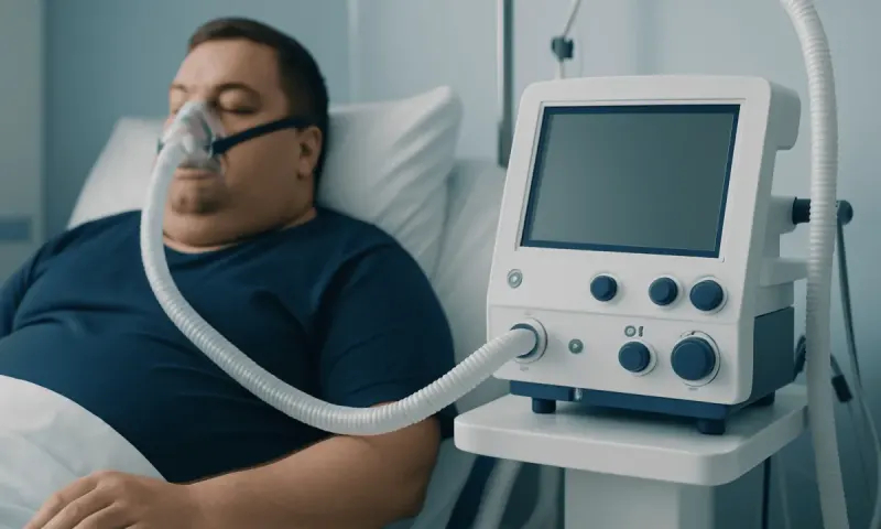 Patient with sleep apnea using CPAP machine in hospital bed.