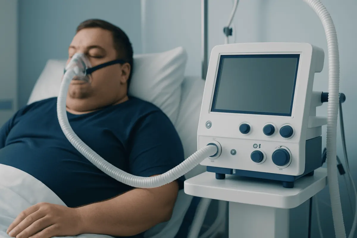 Patient with sleep apnea using CPAP machine in hospital bed.
