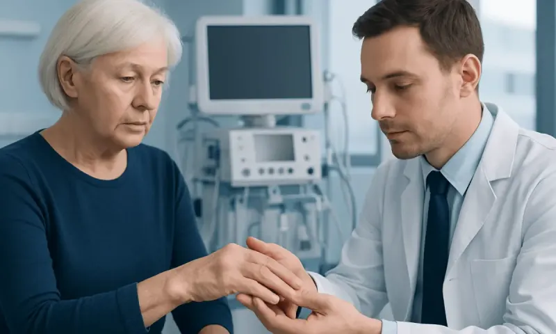 Doctor examining elderly woman's hand for rheumatoid arthritis nodules.