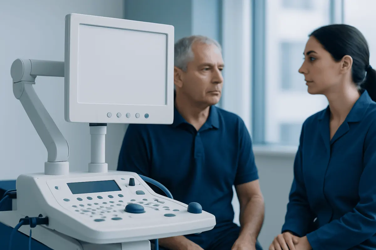 Medical professional consulting an older patient in a clinical setting.