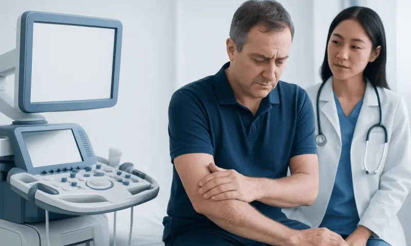 Doctor examining a patient with an ultrasound machine in a clinic setting.
