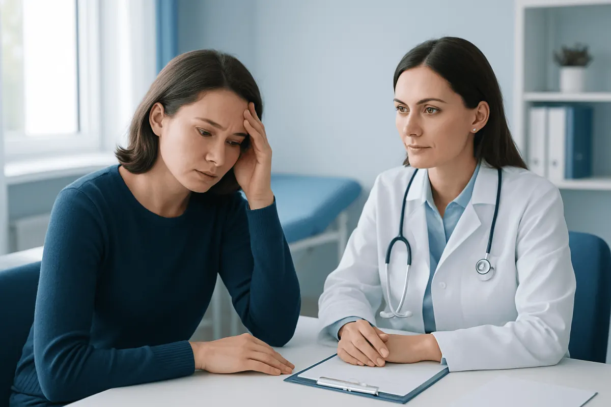 Doctor consulting with a patient about symptoms in a medical office.