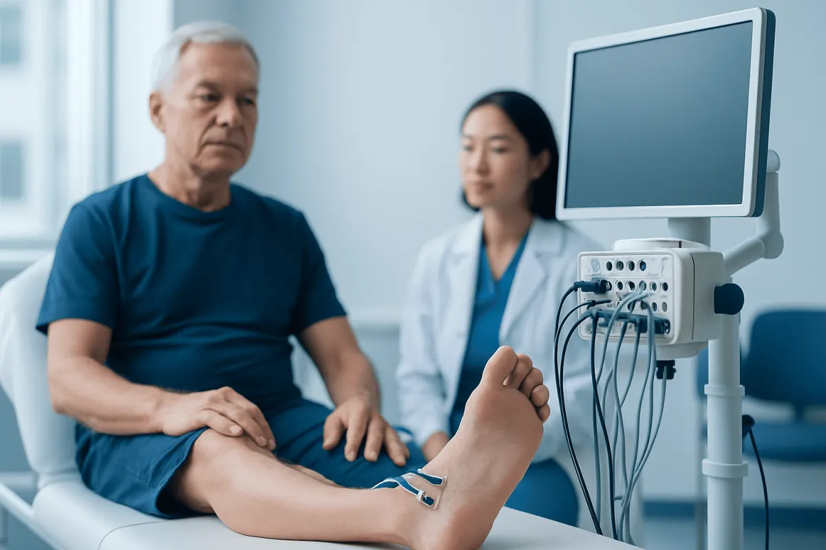 Patient undergoing nerve testing for neuropathy in a medical clinic.