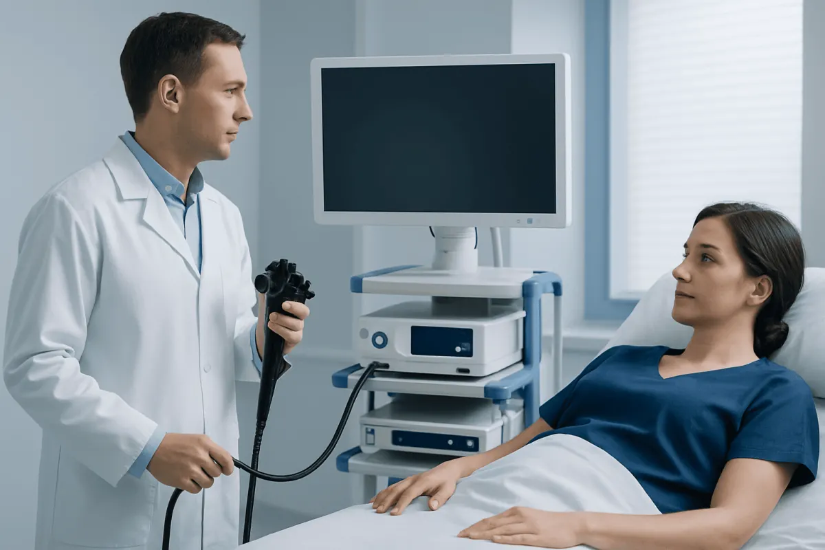 Doctor performing a colonoscopy on a patient in a hospital room.