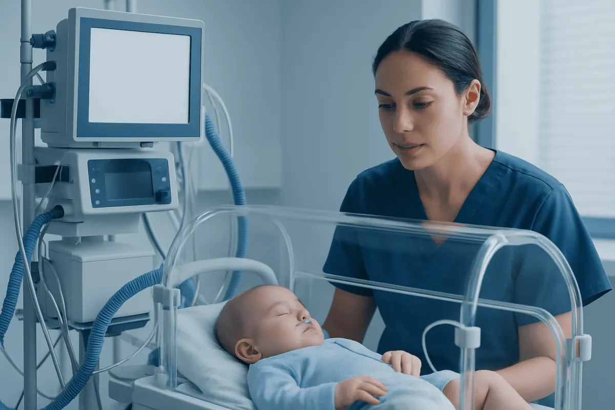 Pediatric nurse monitoring a baby in an incubator at a hospital.