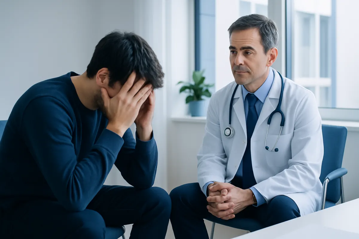 Doctor consulting with a patient experiencing distress in a medical office.
