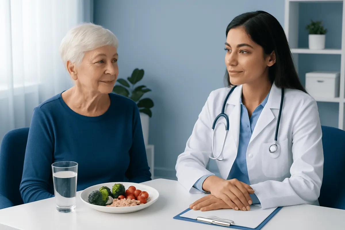 Senior woman consulting with a doctor about healthy aging strategies.