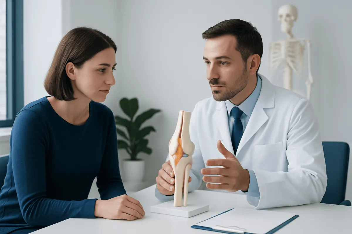 Orthopedic consultation for meniscus tear with doctor and patient discussing knee model.