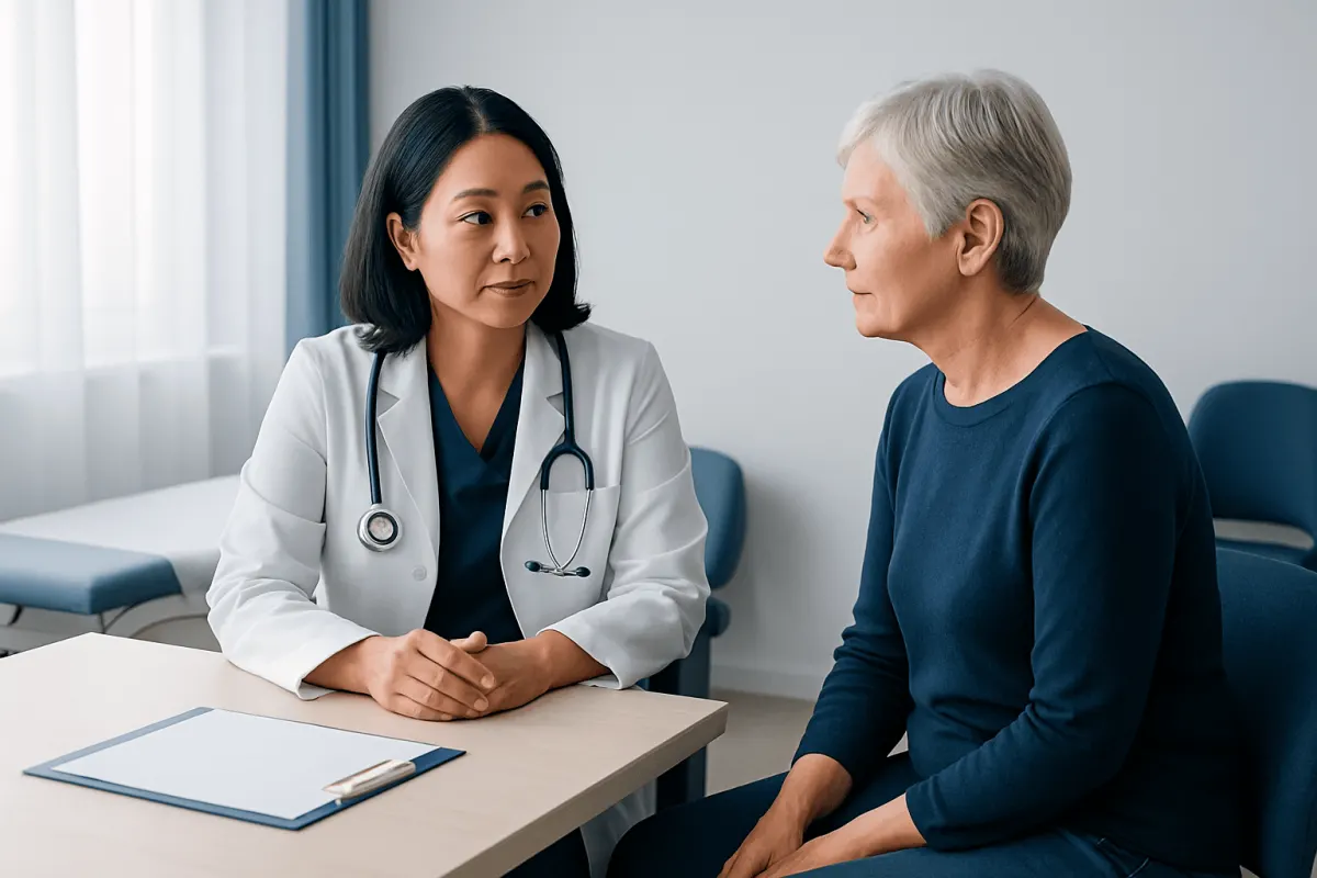 Doctor consulting with an elderly patient in a medical office.