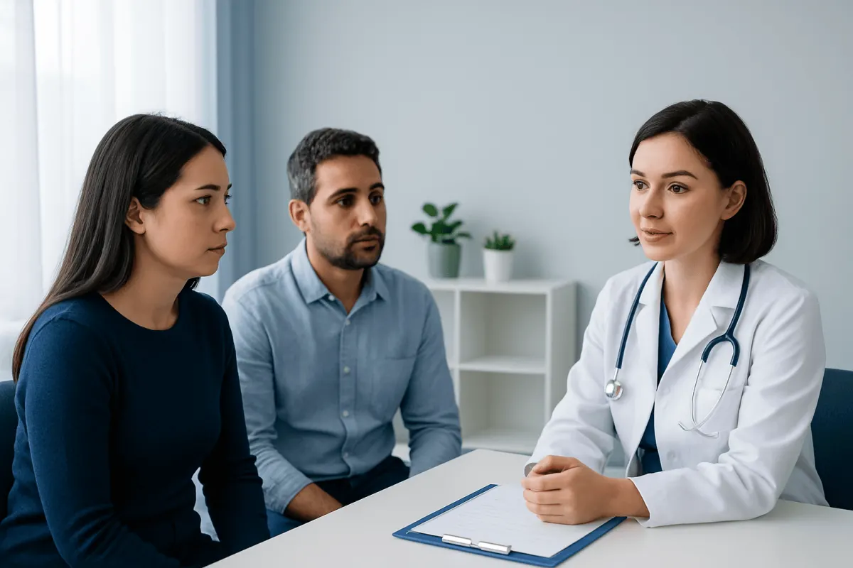 Doctor consulting with couple about genetic testing eligibility.